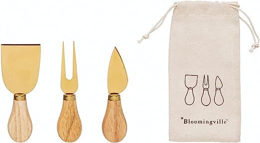 Bloomingville Stainless Steel Utensils with Oak Wood Handles, Gold Finish, Set of 3 Cheese Knives... | Amazon (US)