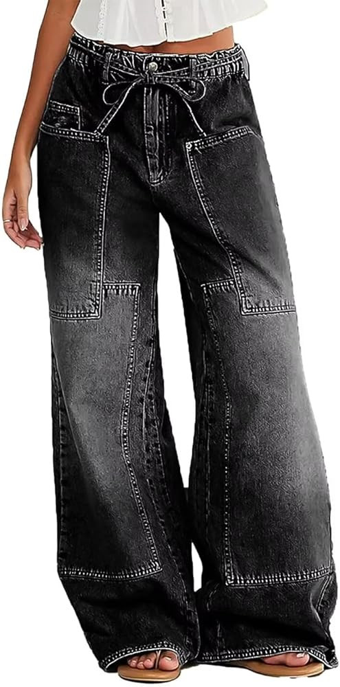 Women Wide Leg Jeans Elastic Mid Waist Belt Baggy Jeans Loose Casual Boyfriend Y2K Denim Pants wi... | Amazon (US)
