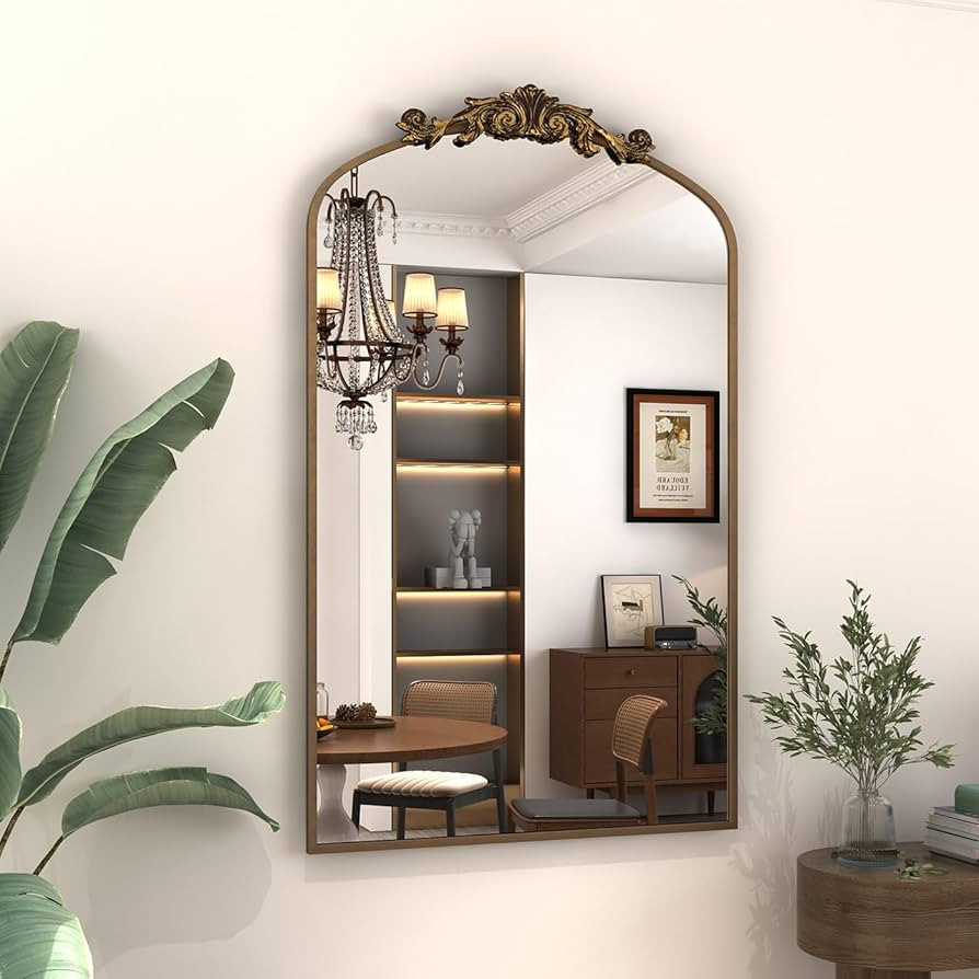 SMIROR 32 Width x48 Height Ornate Vintage Mirror, Gold Arched Antique Mirror for Bathroom Wall, B... | Amazon (US)