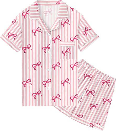 QZH.DUAO Girls & Women's Pajamas Set 100% Cotton PJ Set Button-Down Short Sleeve Sleepwear for Ag... | Amazon (US)