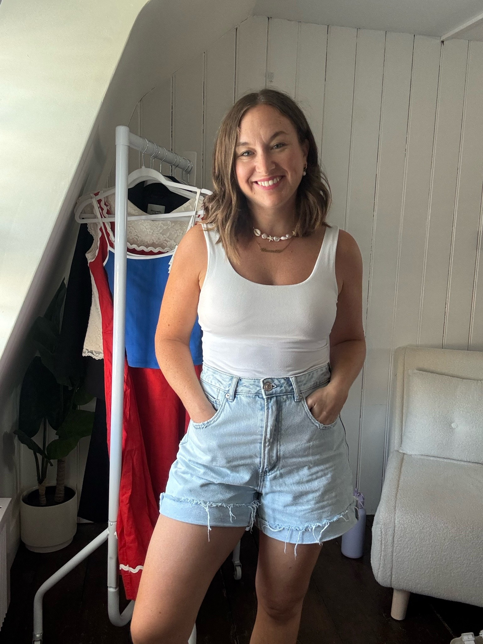 My go to summer outfit formal, built in bra vest top and cut off shorts! Petite summer outfit.

#LTKuk #LTKpetite #LTKstyletip