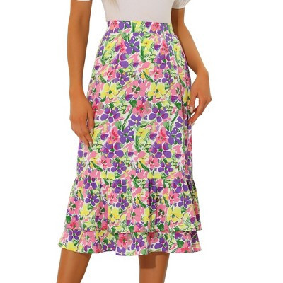 INSPIRE CHIC Women's Chiffon Elastic Waist Ruffle Tiered Flowy Midi Floral Printed Skirts Purple Yellow-Floral Small | Target