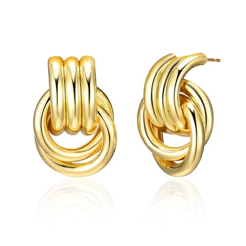Chunky Gold Knot Earrings for Women, Gold Statement Geometric Drop Dangle Long Link Earrings Trendy Dupes Jewelry Gift (Gold) | Amazon (US)