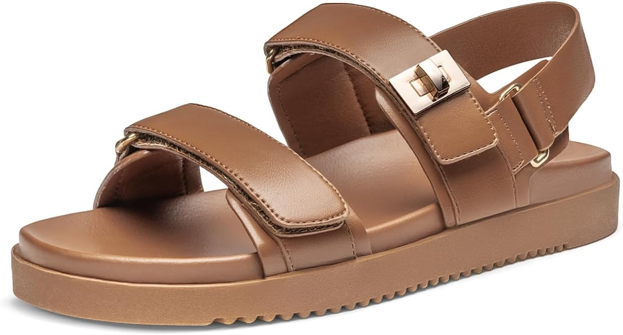 Rihero Women's Flat Sandals Comfort Adjustable Double Strap Slip on Leather Footbed Sandals | Amazon (US)