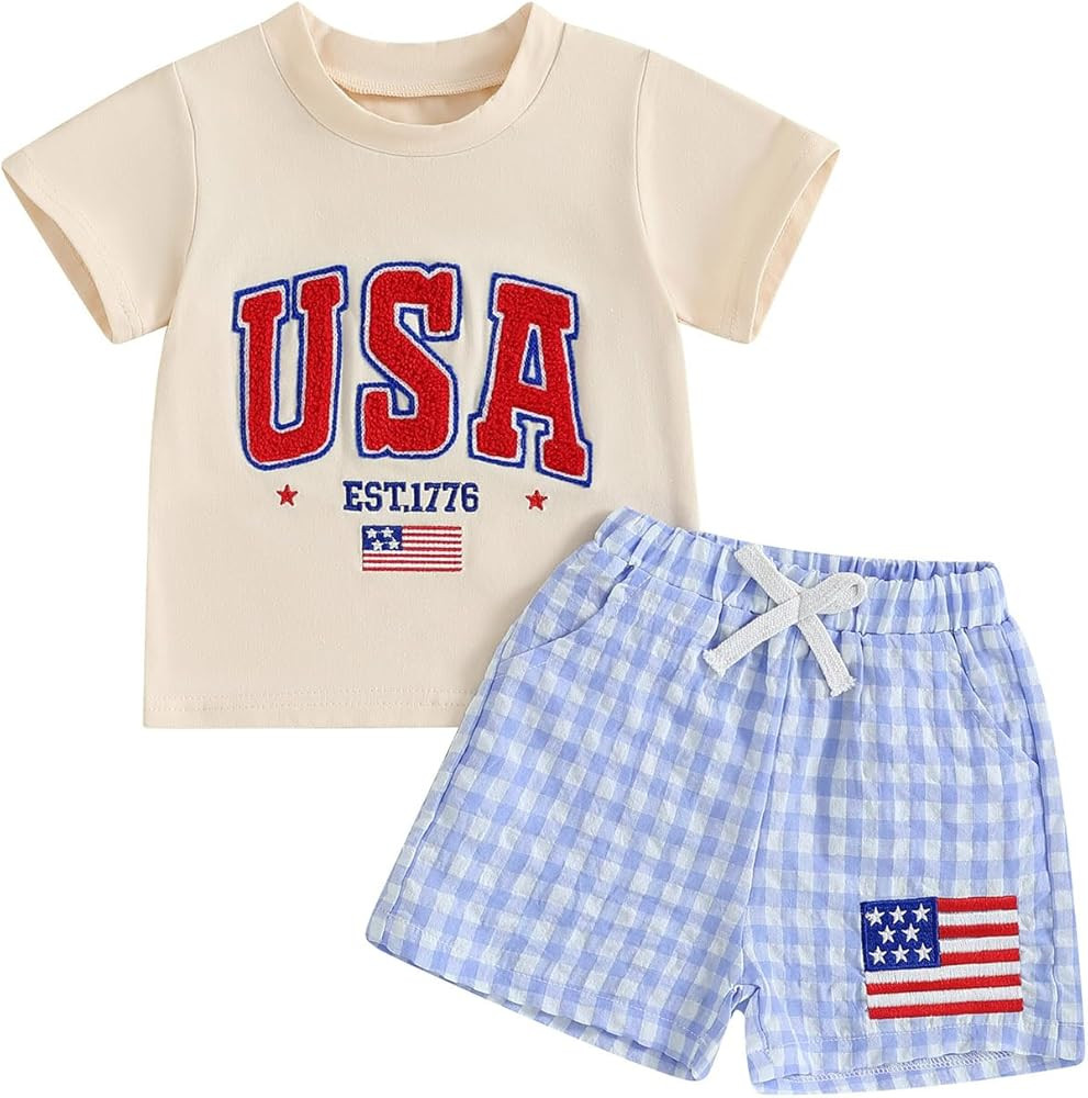 Toddler Boy 4th of July Outfit Baby Boy American Flag Embroidery T Shirt Shorts Set Fourth of Jul... | Amazon (US)