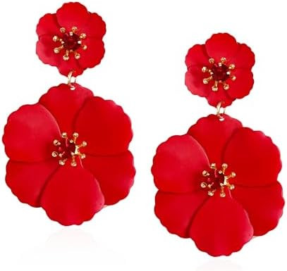 Beach Large Double Flower Earrings for Women Boho Layered Floral Petals Drop Earring Jewerly | Amazon (US)
