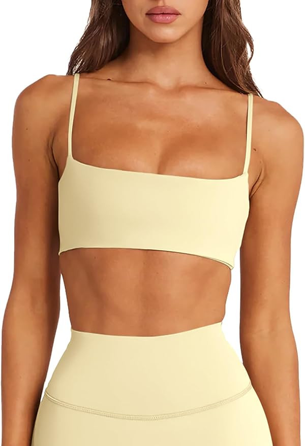 LASLULU Womens Adjustable Spaghetti Straps Sports Bra Square Neck Wireless Padded Workout Yoga Cr... | Amazon (US)