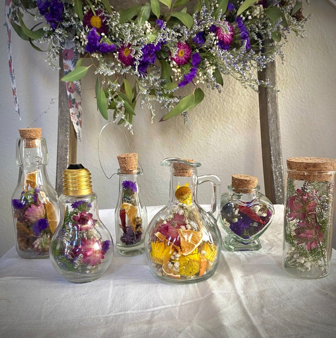 Set of 3 Dried Flower Apothecary Jars / Botanical Glass Vials / Mini Dried Wildflowers in a Jar /... | Etsy (US)