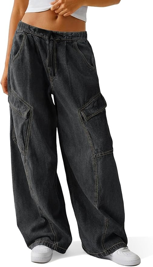 Tankaneo Women Baggy Wide Leg Jeans Y2k Low Rise Drawstring Boyfriend Denim Pants Casual Loose Fi... | Amazon (US)