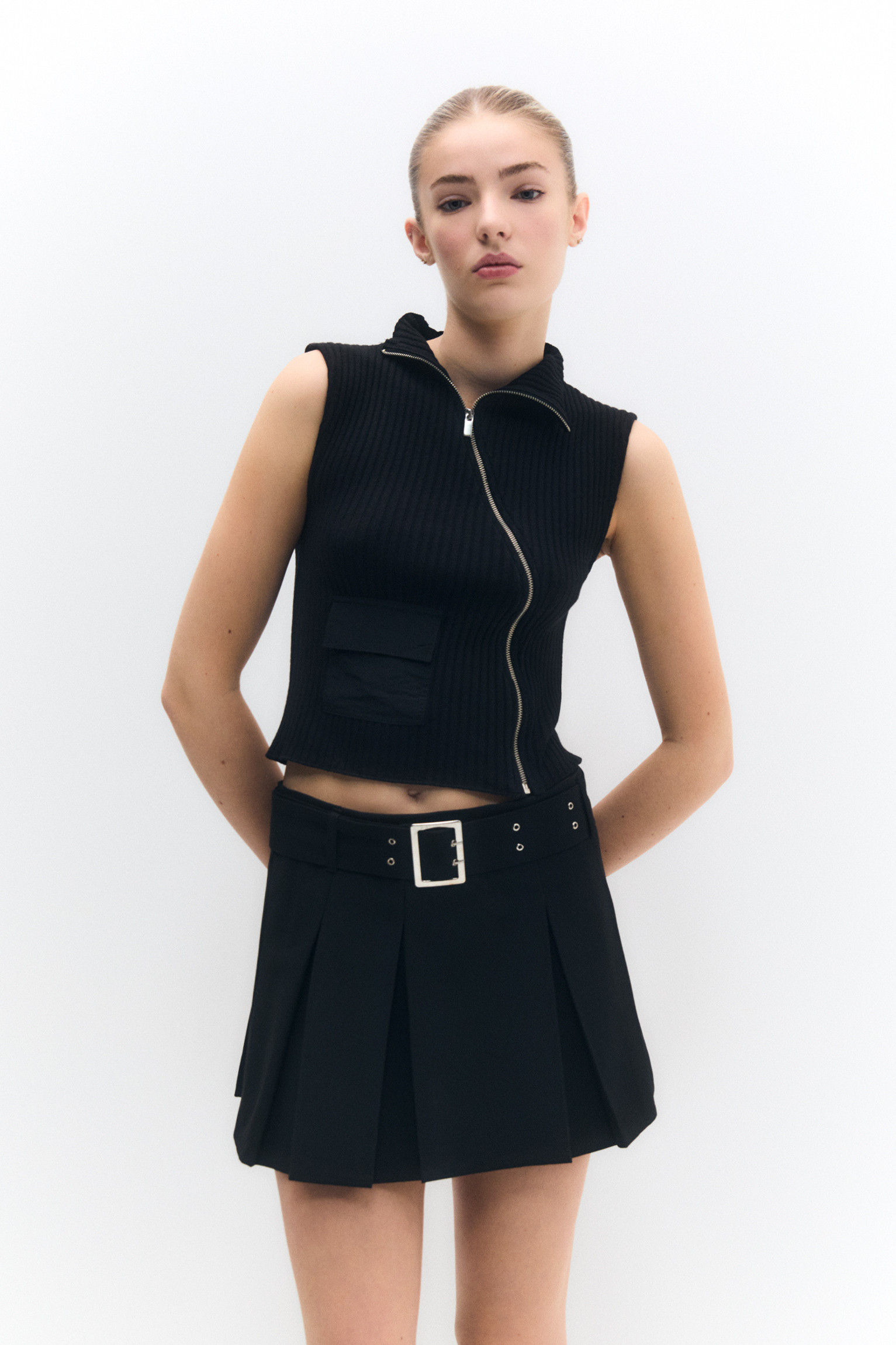 Box pleat mini skirt with belt | PULL and BEAR UK