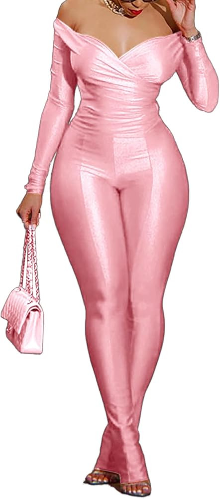 Womens Sexy 2 Piece Outfits Off Shoulder Deep V Neck Tops Slit Hem Flare Pants Sparkly Jumpsuit S... | Amazon (US)