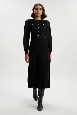 Viscose Blend Maxi Knit Dress With Chiffon Sleeve Military Trim | Karen Millen US