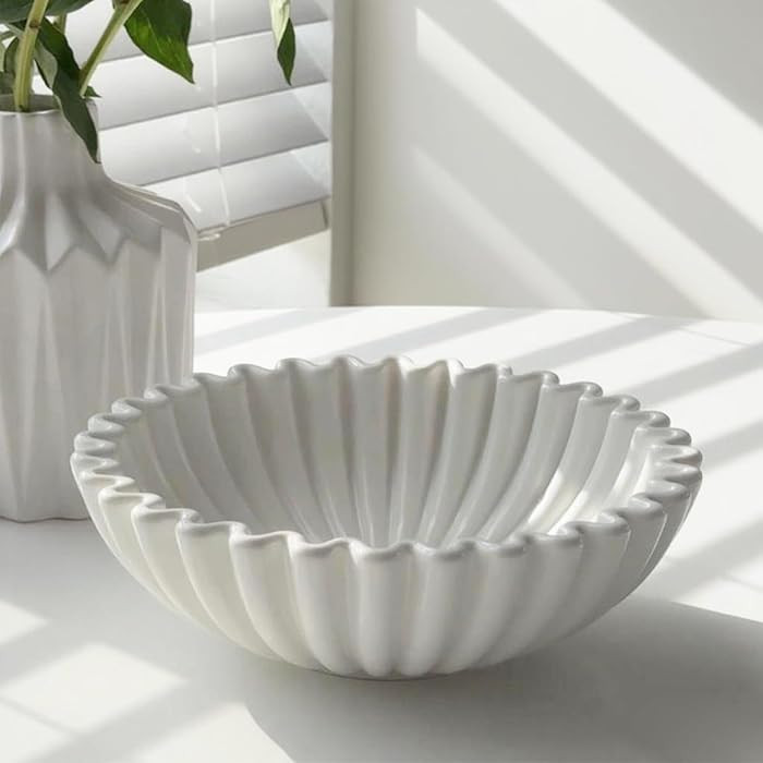 KULEDM Large Decorative Bowl Home Decor - 10in Ceramic White Scalloped Ruffle Fruit Bowl for Kitc... | Amazon (US)