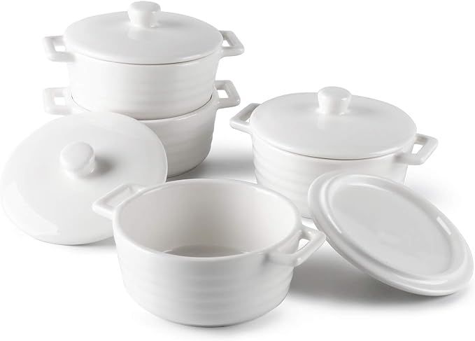 Sweese 510.401 Porcelain Ramekins, 7 Ounce Round Mini Casserole Dish with Lid, Set of 4, White | Amazon (US)