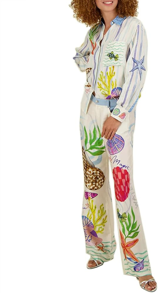 Womens Boho Graffiti Two Piece Pajama Set Y2k Summer Print Short Sleeve Button Down Sleepwear Bea... | Amazon (US)