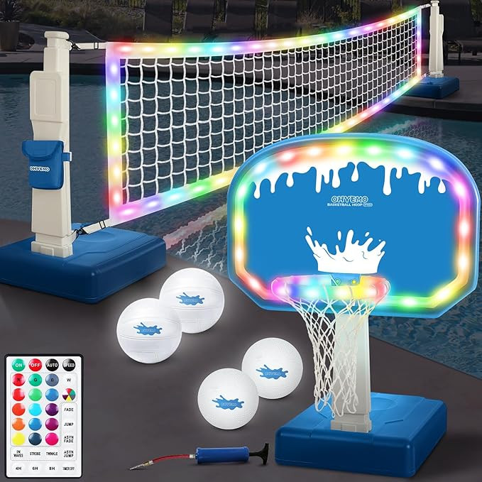 2-in-1 LED Pool Volleyball & Basketball Game Set, Light Up Pool Sport Combo Set with 14in LED Rim... | Amazon (US)