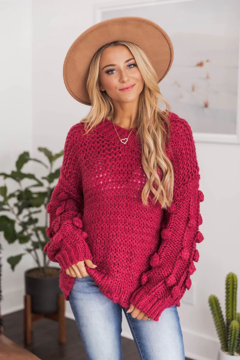 All Eyes On Me Burgundy Pom Sleeve Sweater DOORBUSTER | The Pink Lily Boutique
