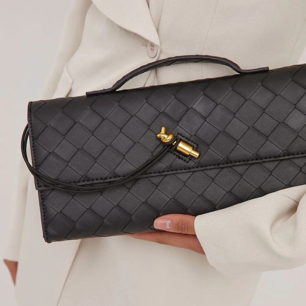 Tori Woven Detail Rectangle Shaped Clutch Bag In Black Faux Leather | EGO (UK)