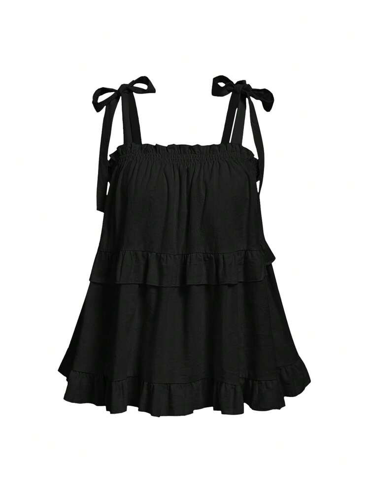 SHEIN MOD Plus Size Black Retro Romantic Women's Shoulder Strap Spaghetti Strap Loose Layered Lotus Leaf Edge Top, Summer Spaghetti Strap, Casual Daily Wear, Korean Fashion, Date Wear, Cute And Sweet,Casual | SHEIN