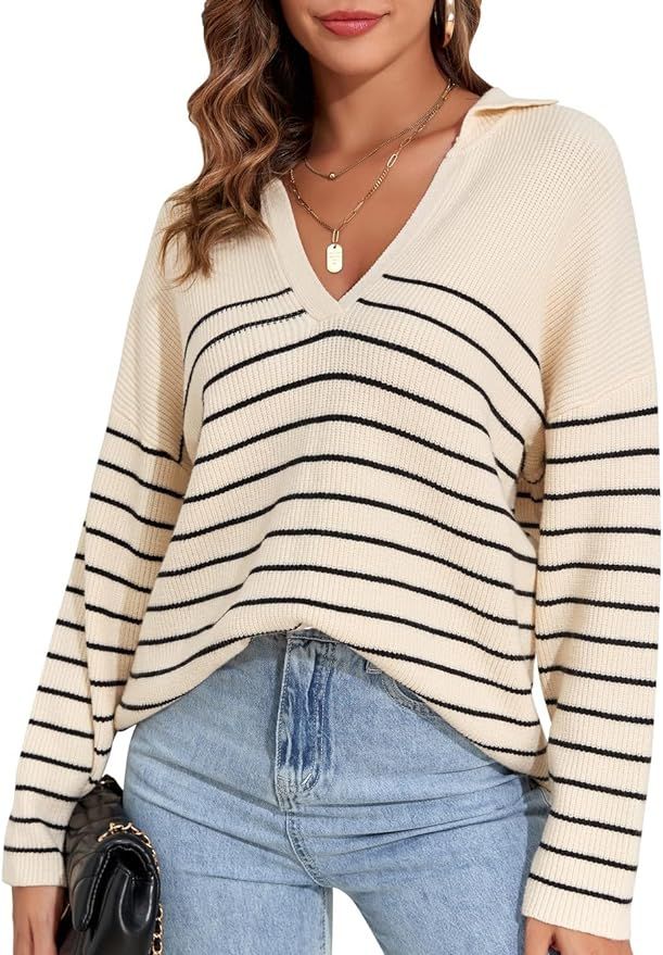 kayamiya Women's Polo V Neck Sweater Top Cable Knit Casual Fall Oversized Striped Pullover Sweate... | Amazon (US)