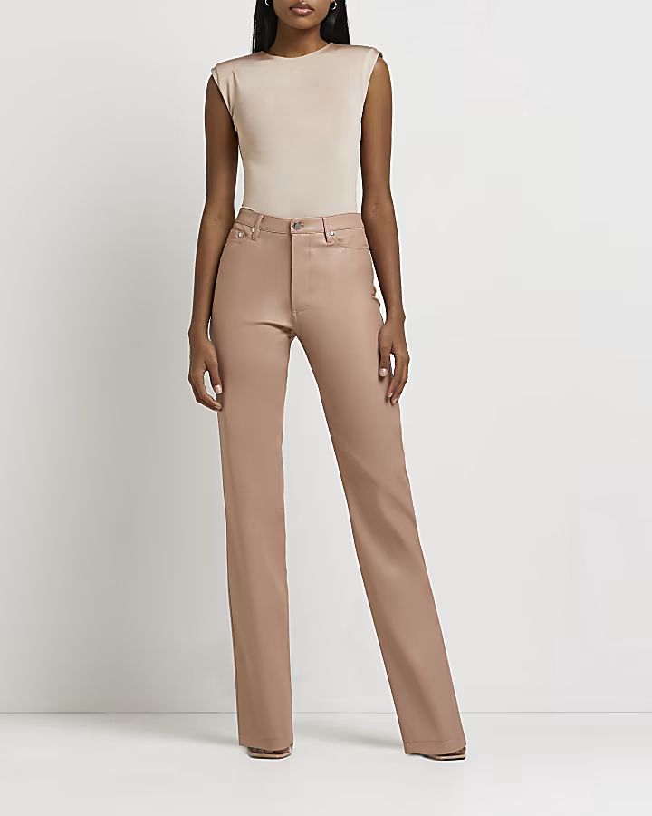 Pink faux leather straight leg trousers | River Island (US)