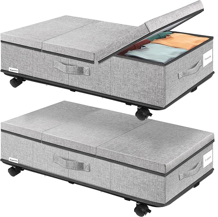Under Bed Storage with Wheels, Rolling Underbed Storage Containers with Lids, Under Bed Shoe Stor... | Amazon (US)