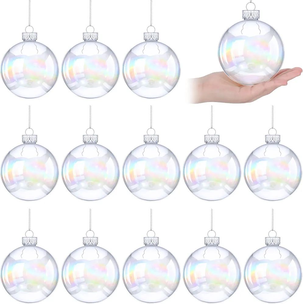 12 Pcs 4'' Iridescent Ball Christmas Ornament Christmas Plastic Baubles Clear Iridescent Fillable... | Amazon (US)