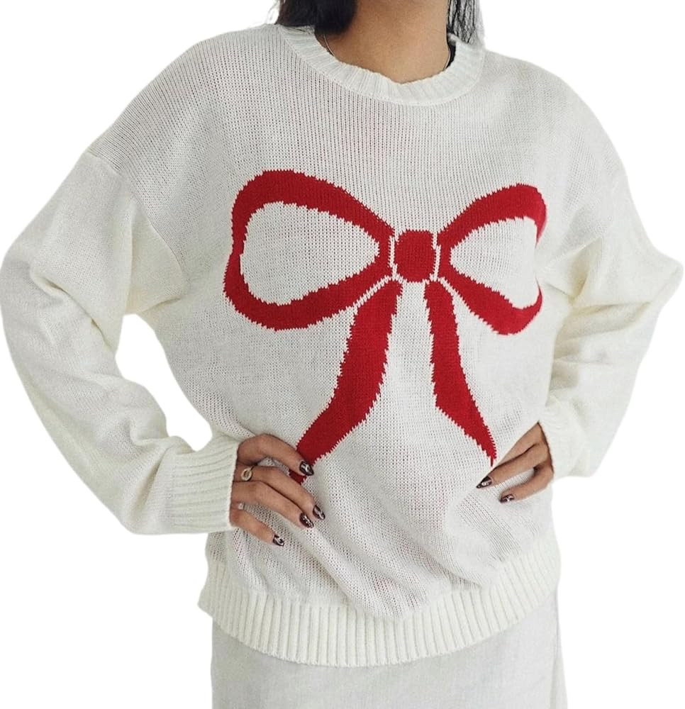 Oversized Crewneck Bow Sweaters Y2k Women Coquette Tops Preppy Fall Graphic Pullover Knit Sweater | Amazon (US)