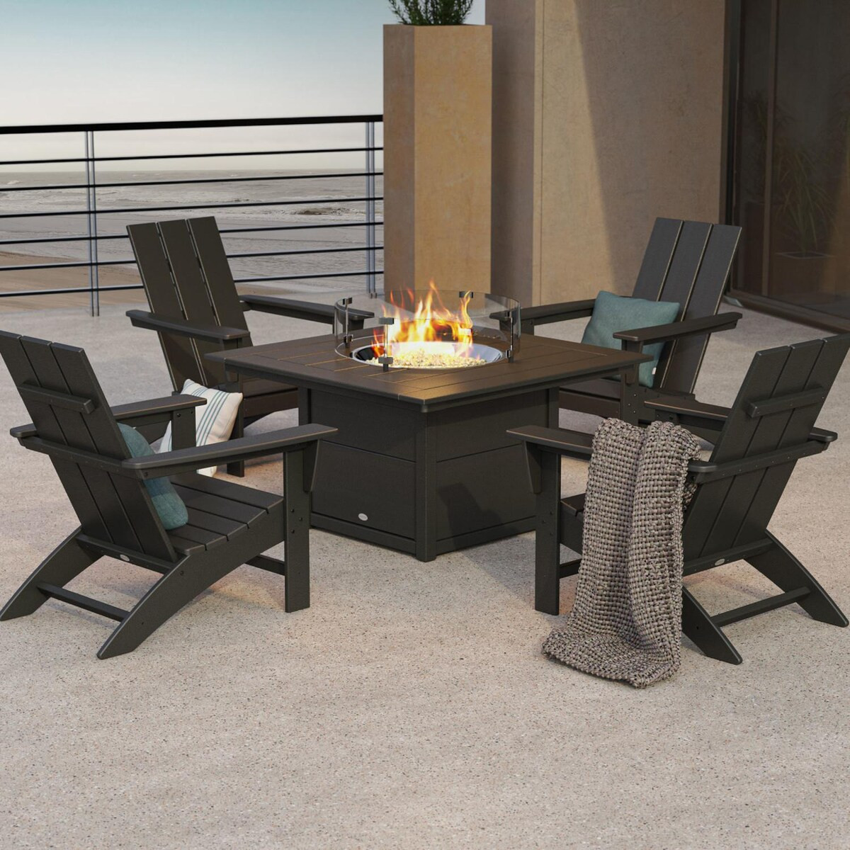 POLYWOOD Modern Adirondack 5 Pc Recycled Plastic Fire Pit Seating Set in Black by - PWS708-1-BL | BBQ Guys
