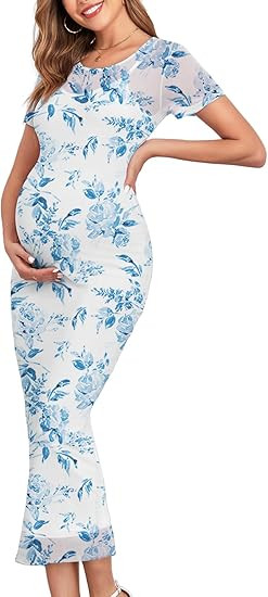 CYCLAMEN 2024 Maternity Mesh Dress Ruched Side Round Neck Pregnancy Dresses Baby Shower Wedding G... | Amazon (US)