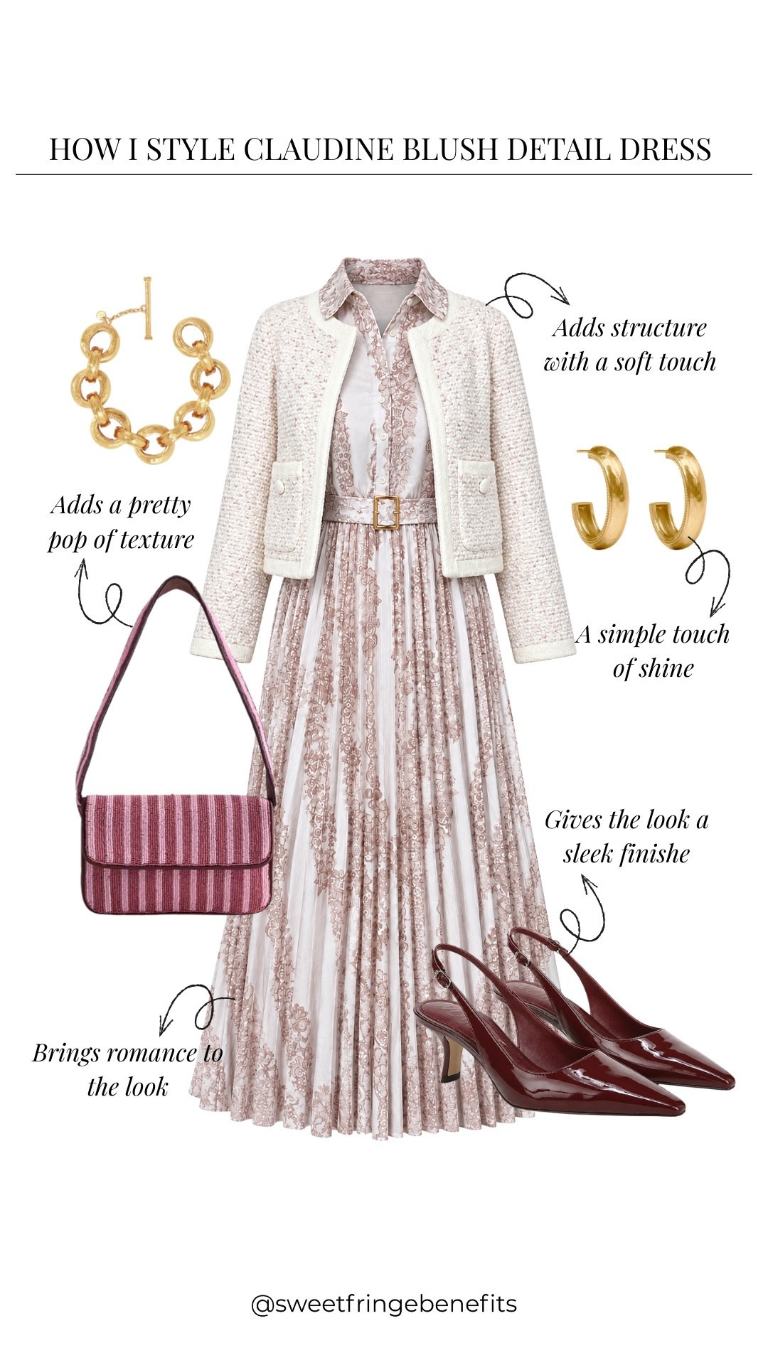 That blush dress feels romantic without being too sweet. I’d add the little jacket, burgundy accessories, and call it done.
