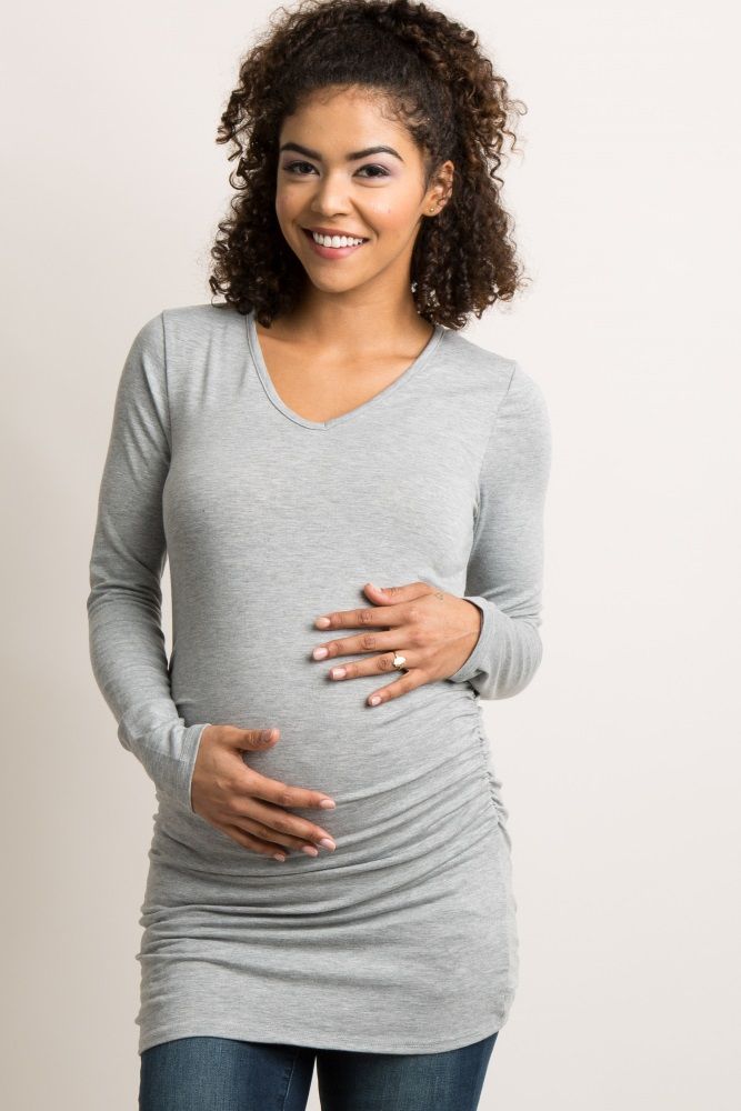 Heather Grey Long Sleeve V-Neck Fitted Maternity Top | PinkBlush Maternity