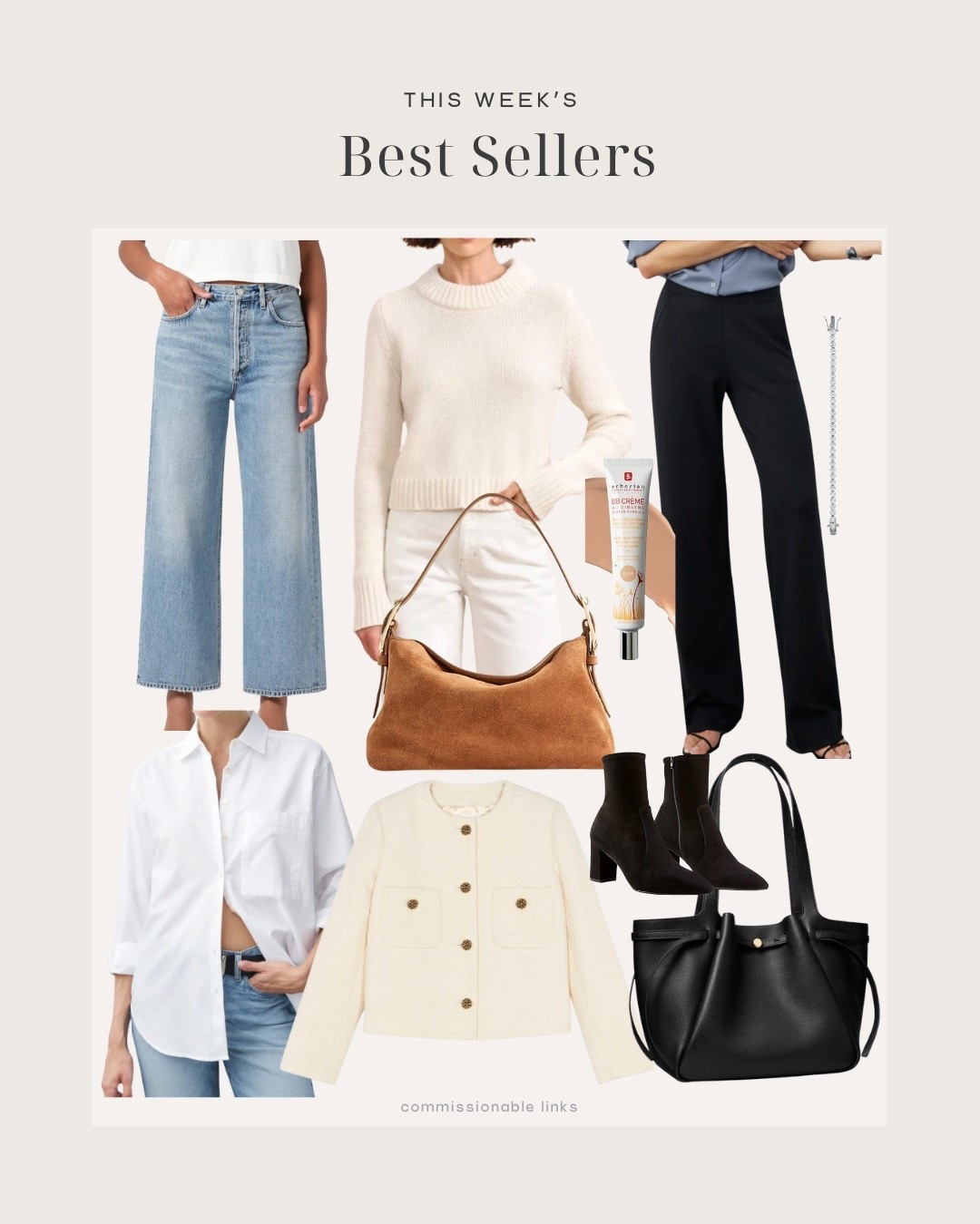 This week’s bestsellers! 
La ligne crewneck sweater
Agolde ren jeans
Ayr button down
Ayr knit pants (so so comfy and chic on!!
Tory Burch work tote
Bash tweed jacket
Suede shoulder bag from j.crew
Suede boots
Best bb cream 

#LTKStyleTip #LTKOver40 #LTKSeasonal