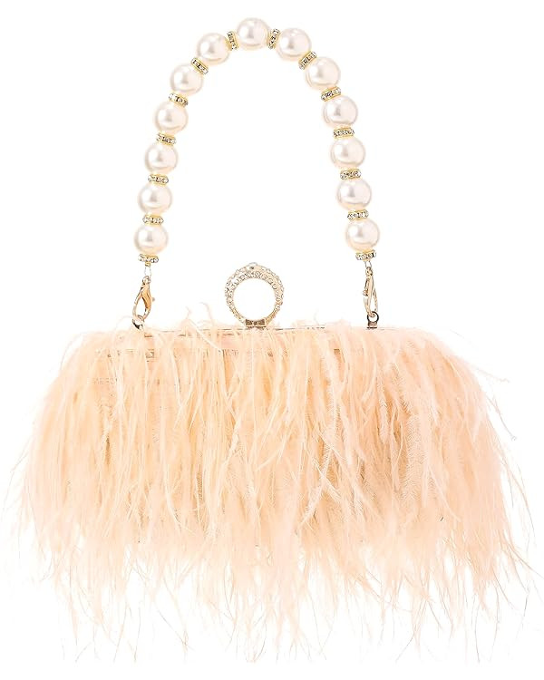 Women Real Natural Ostrich Feather Evening Bags Purses Clutch Vintage Banquet Handbag | Amazon (US)