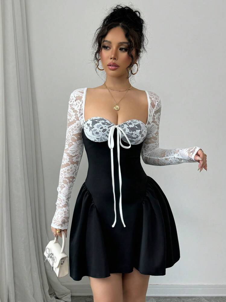 Chiquease Holiday Costume Dress Christmas Party Ball White Lace Long Sleeve Princess Tutu Sexy Mini Dress;Fall Women Clothes;Holiday Party Dress;New Year Eve Dress;New Years Women Outfit,Valentine's Day Mini Dress, Spring/Summer Mini Dress,Black And White Stitching Black Corset Dress | SHEIN