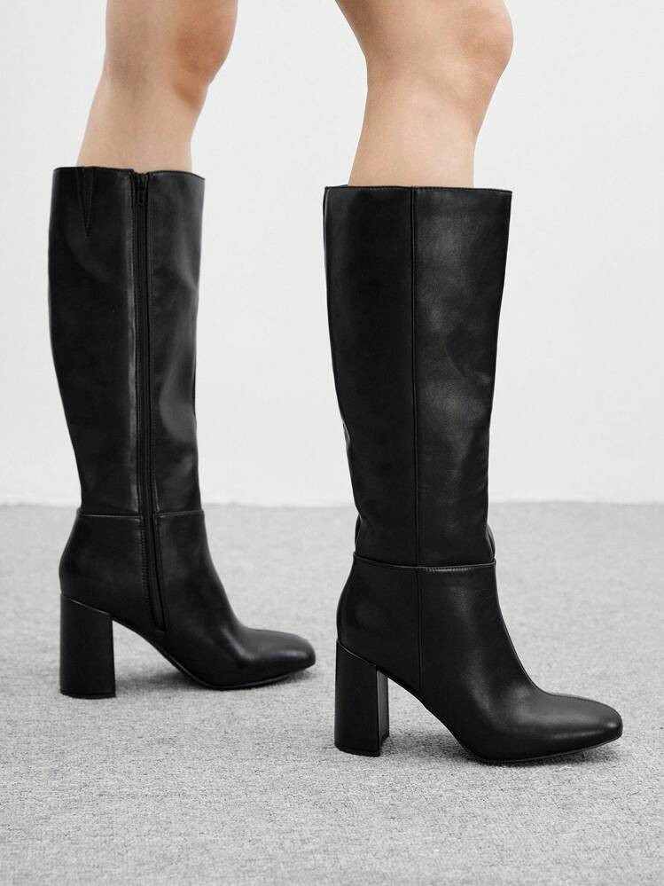 CUCCOO BIZCHIC New Zip Side Black Chunky Heel British Knight Motorcycle Mid-Calf Boots For Women | SHEIN