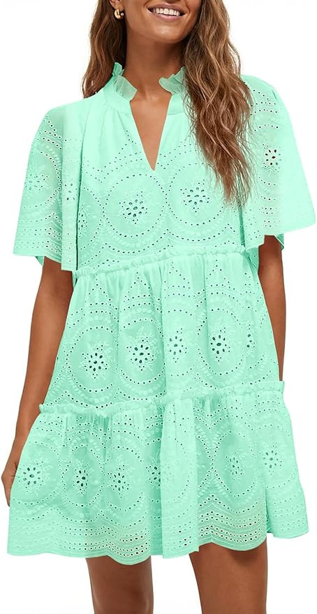 Wenrine Womens Summer Eyelet Dress Short Sleeve Babydoll V Neck Hollow Out Lace Ruffle Casual Bea... | Amazon (US)