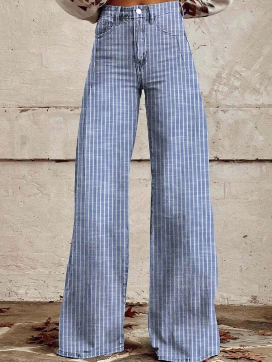 Womens High Rise Jeans Retro Classic Striped Print Wide Leg Denim Pants Boyfriend Jeans With Pockets | SHEIN