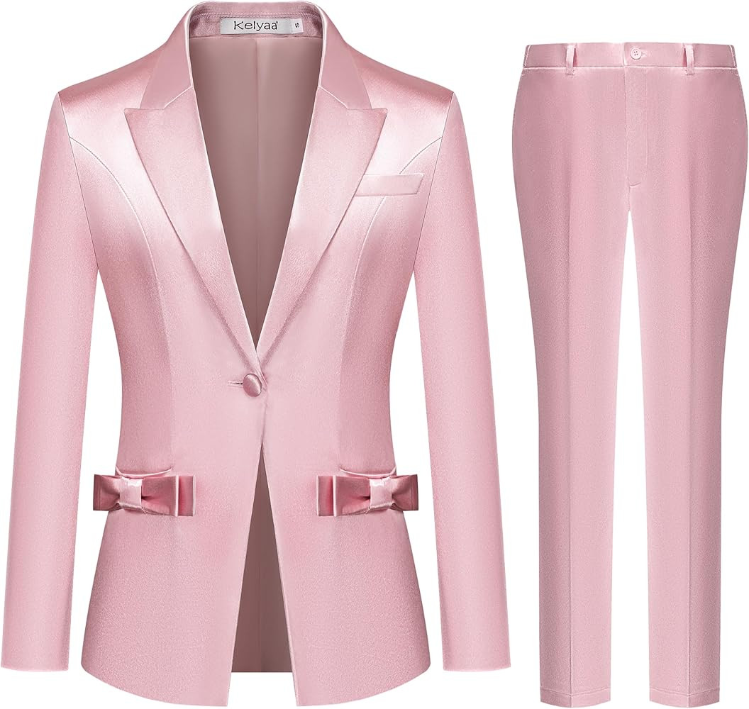 Women's 2 Piece Satin Suit Double Side Bows One Button Peaked Lapel Outfits Party Wedding Blazer ... | Amazon (US)