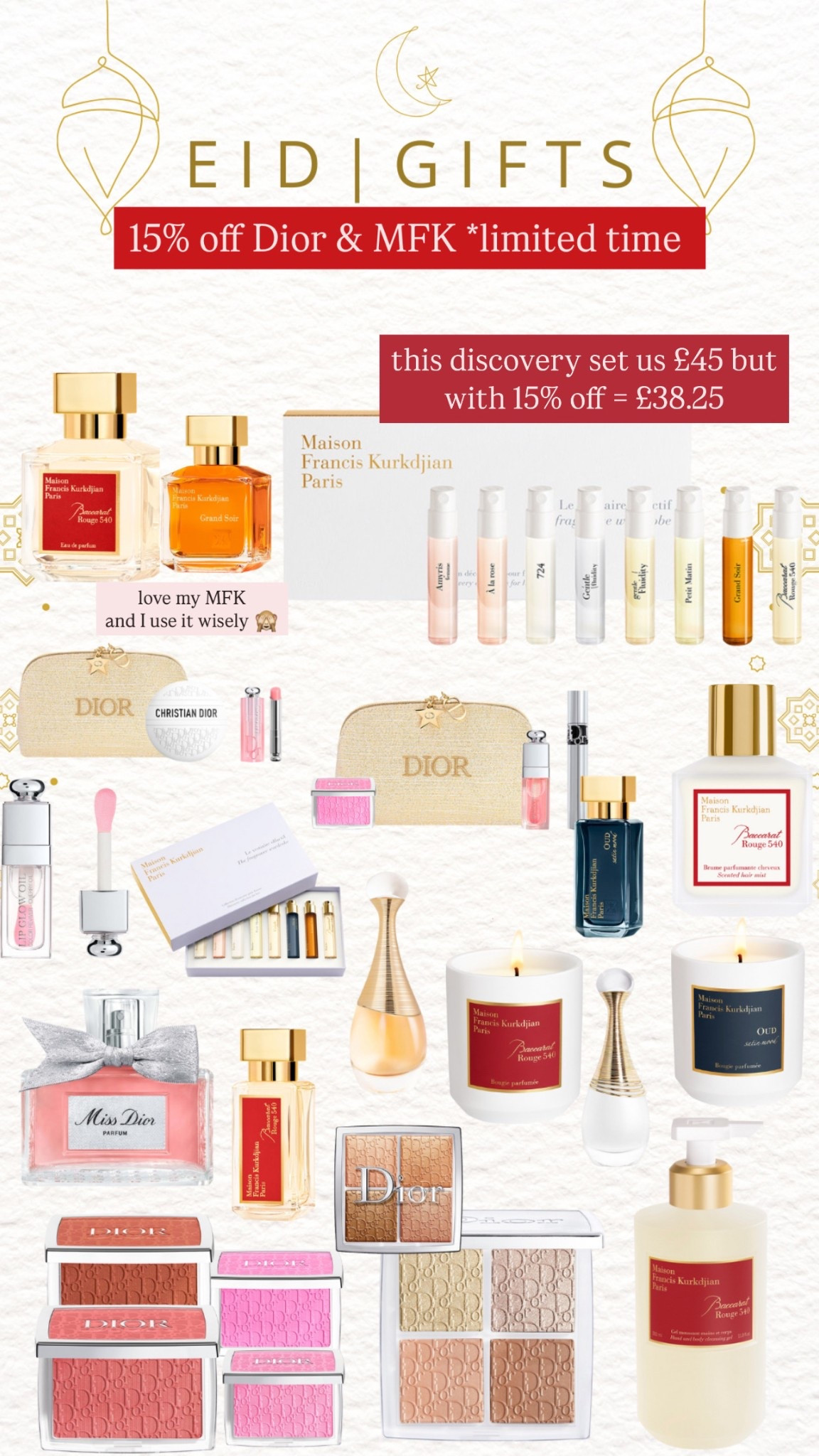 Get 15% off Dior & Maison Francis Kurkdjian for a limited time! Perfect Eid gift ideas, from luxurious perfumes and candles to beauty must-haves. Don’t miss out! #EidGifts #LuxuryBeauty #Dior #MFK



#LTKbeauty #LTKluxury #LTKgiftguide