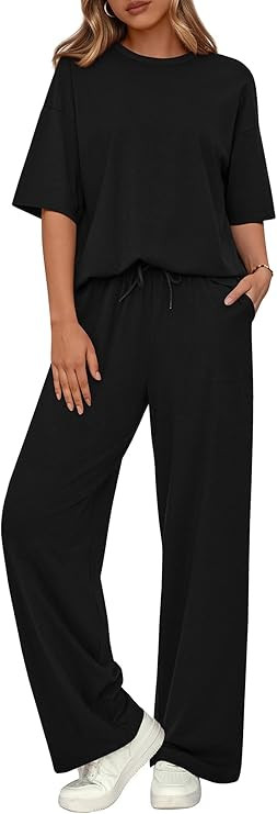 BTFBM Summer Outfits For Women 2026 Two Piece Sets Casual Short Sleeve Spring Tops Wide Leg Pants... | Amazon (US)
