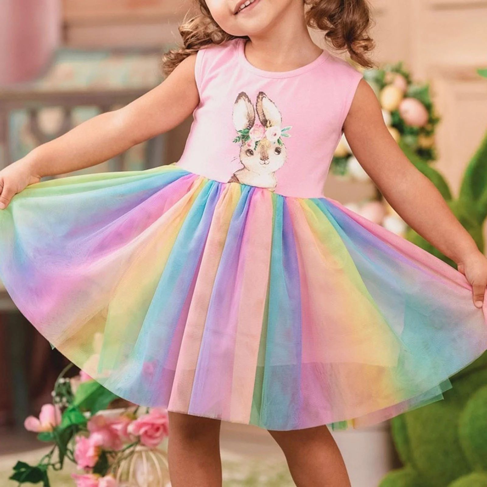 Layered Tulle Tutu Dress for Toddler Baby Girls Rabbit Print Easter Rainbow Tutu Princess Dress+B... | Walmart (US)