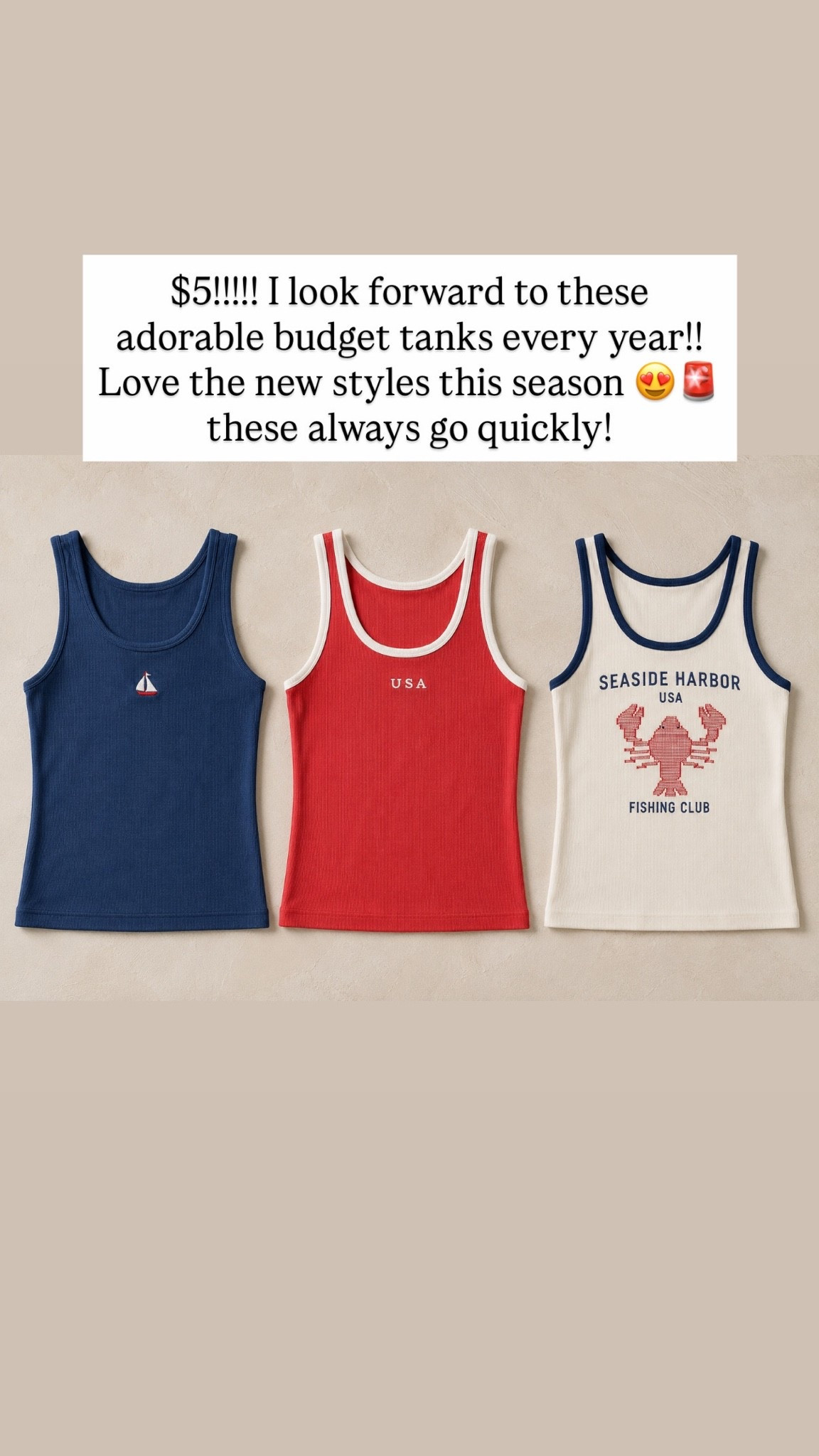 $5!!!!! I look forward to these adorable budget tanks every year!! Love the new styles this season 😍🚨 these always go quickly!

#LTKSeasonal #LTKmomlife #LTKBeauty