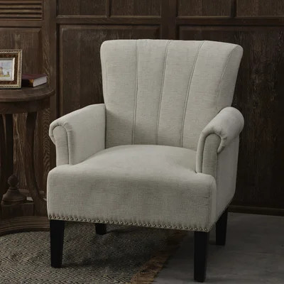 Cream Tufted Accent Armchair, Channel Back Rolled Arm Chair with Stain Resistant Fabric, Solid Wood Frame, Easy Assembly for Living Room, Bedroom, Coz | Wayfair North America