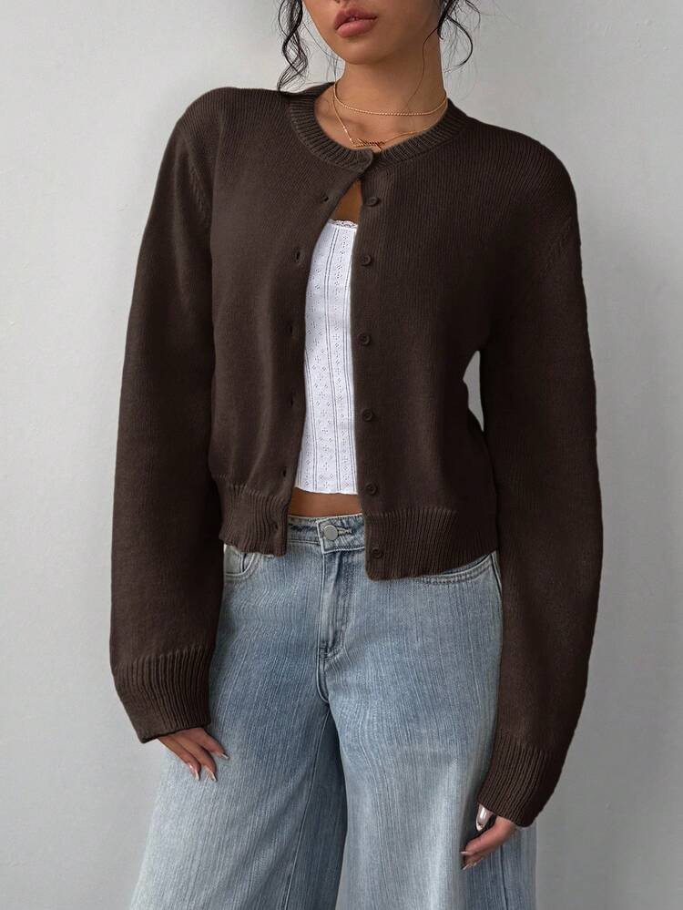 SHEIN BASICS Casual Solid Color Round Neck Long Sleeve Loose Cropped Women Sweater Cardigan Autumn Winter Clothes For Women,Fall,Fall Clothes For Women | SHEIN