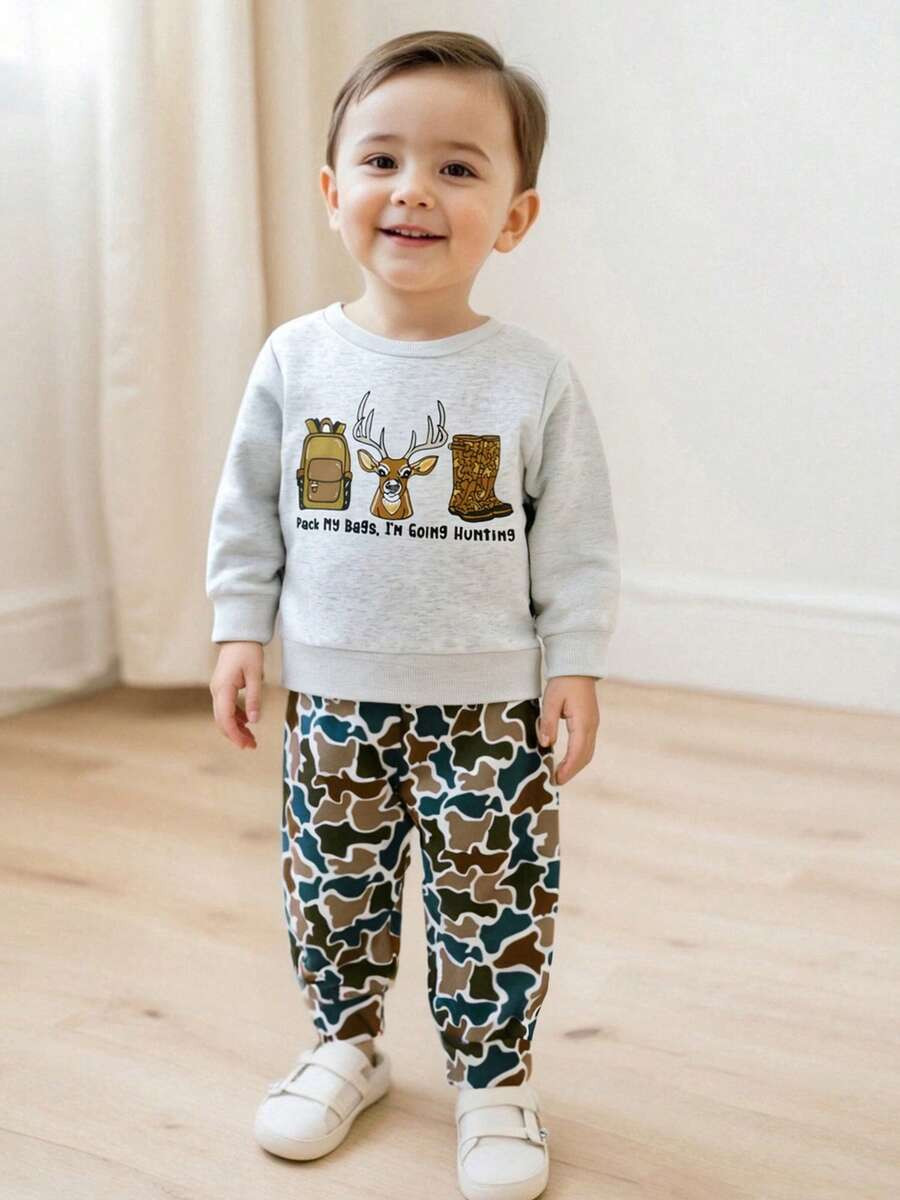 Toddler Baby Boy Winter Fall Hunting Outfit Reindeer Letter Print Long Sleeve Sweatshirt Camo Pan... | SHEIN
