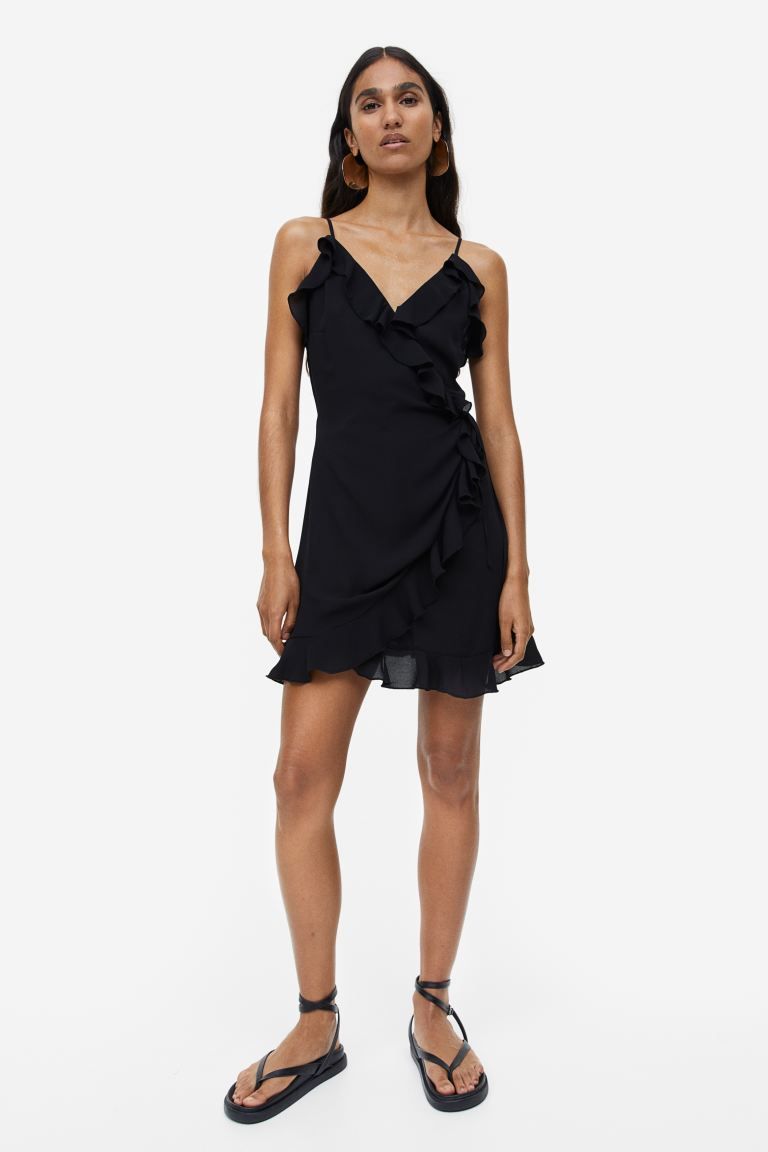 Flounce-trimmed Wrap Dress - Black - Ladies | H&M US | H&M (US + CA)
