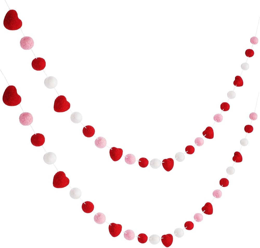 Boao 2 Pieces Valentines Day Felt Garlands Decorations Red Pink Heart Ball Garland Hanging Pom Po... | Amazon (US)