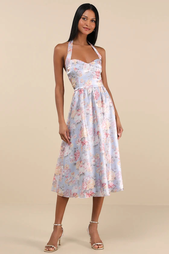 Briselda Light Blue Floral Organza Halter Midi Dress | Lulus