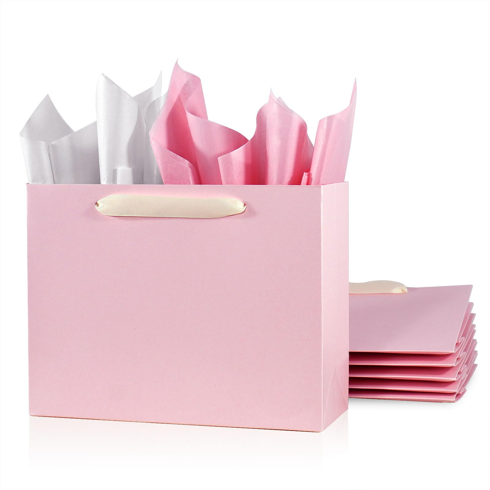6 Pack Medium 10.5"x4"x8.1" Pink Gift Bags with Tissue Papers, Kraft Shopping Bags with Ribbon Ha... | Amazon (US)